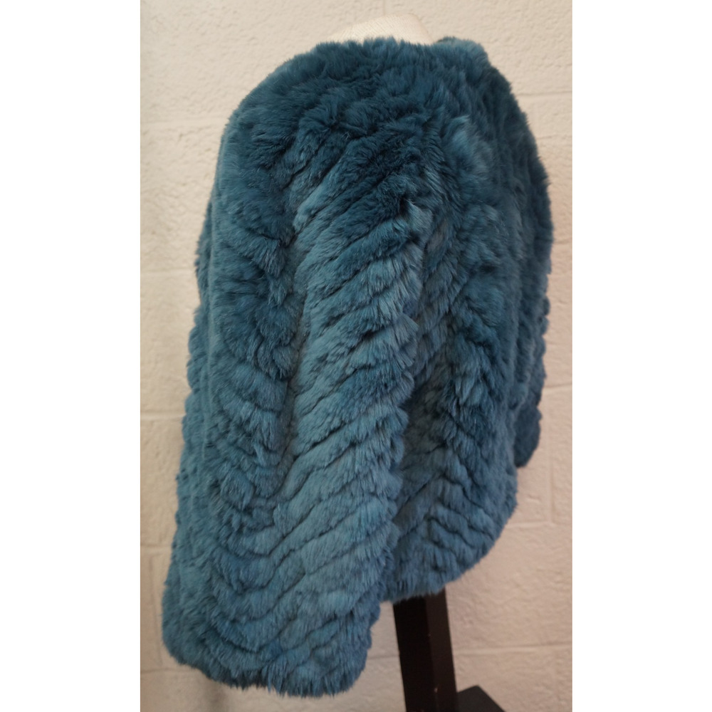Barneys New York Teal Real Rabbit Fur Jacket Cropped Jagger Luxury Coat Size S - Picture 5 of 15